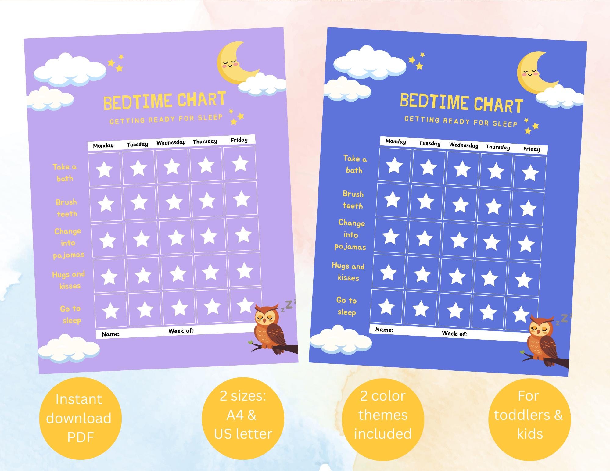 Calm Bedtime Routine Chart Printable for Kids – Weekly Sleep Reward ...