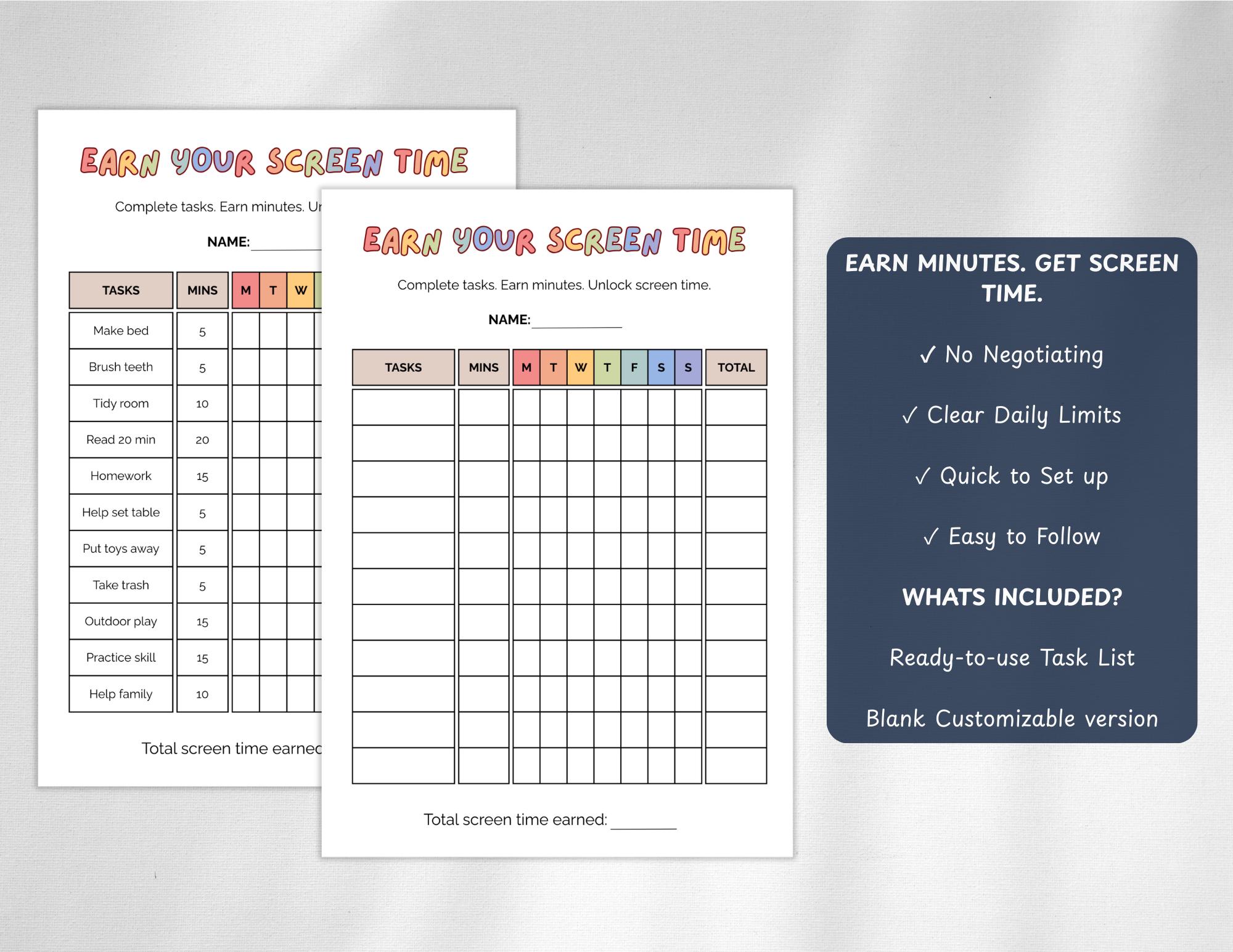 Screen Time Chore Chart Printable – Kids Reward Chart PDF, Earn Screen ...