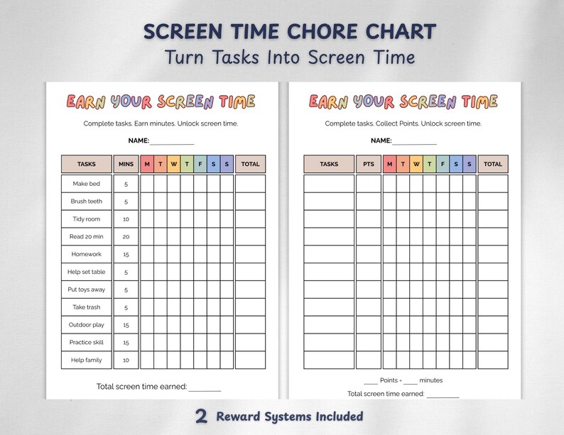 Screen Time Chore Chart Printable – Kids Reward Chart PDF, Earn Screen ...