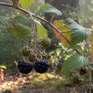 May include: A blackberry bush branch with several clusters of dark purple, ripe blackberries and smaller, green, unripe berries. The branch features serrated green leaves with some reddish edges, hanging over a forest floor with pine needles.