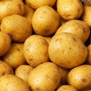 May include: A large collection of raw, unpeeled yellow potatoes with smooth, light brown skin and small dark spots. The potatoes are piled together in a heap, with a portion of a textured, woven brown burlap sack visible along the right edge.