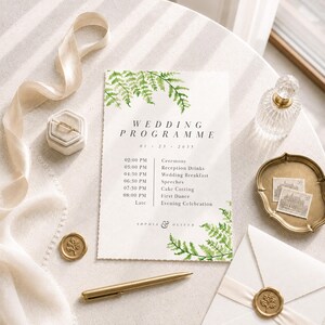 May include: A wedding programme card with green watercolor fern illustrations, featuring the text WEDDING PROGRAMME, 01.23.2035, and a schedule of events from 02:00 PM to Late. Includes a gold pen, a ring box, a wax seal, and a white envelope.
