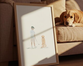 May include: A framed watercolor print depicts a young person playing golf with a golden retriever. The person is wearing a white shirt, shorts, and a cap. The dog is sitting, and the background is a light beige. The frame is made of light wood.