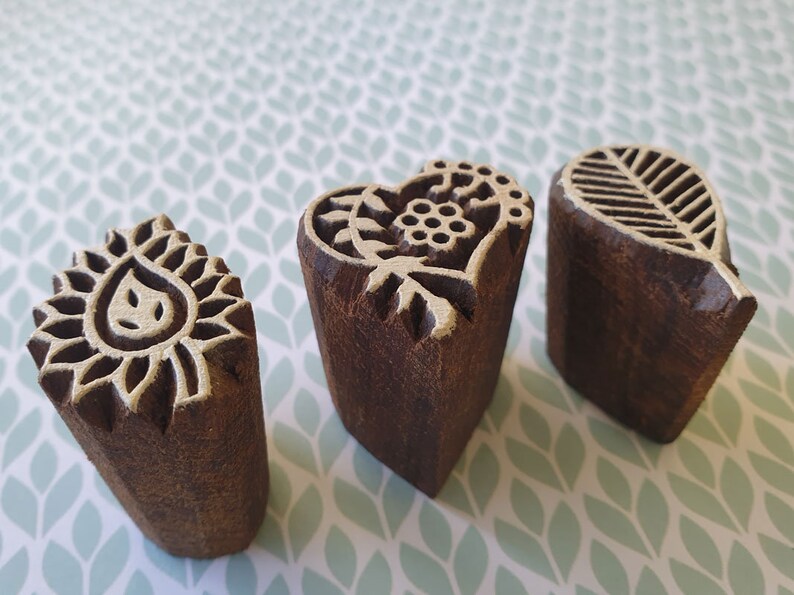 Wood Block Stamps, Wood Stamp Set, Wood Block, Wood Print Block, Indian Wood Block, Printing Stamps, Stamps Set, Heart, Paisley, Leaf 3 image 2