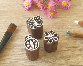 Insect Stamp Set, Printing Blocks, Wooden Stamps, Flower, Ladybug, Butterfly Stamps - Set of 3