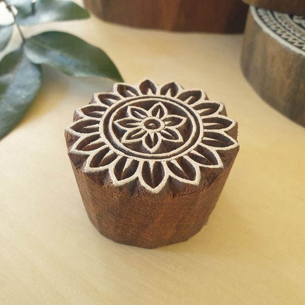 Round Stamp, Indian Wood Block Printing Stamp, Hand Carved Round Floral Small Stamp, Wood Print Block, Printing Block, Wood Block Stamp