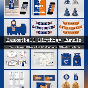 May include: A basketball-themed birthday bundle in blue and orange. Includes invitations, party hats, banners, thank you cards, cupcake toppers, and food labels. The text reads "Riley 8 Birthday Party 30". Digital download, editable via Canva.