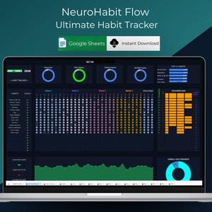 May include: A laptop displays a digital habit tracker with the text "NeuroHabit Flow Ultimate Habit Tracker." The interface features a dark theme with colorful progress indicators, charts, and a calendar-style habit tracking grid. Includes "Google Sheets" and "Instant Download" icons.