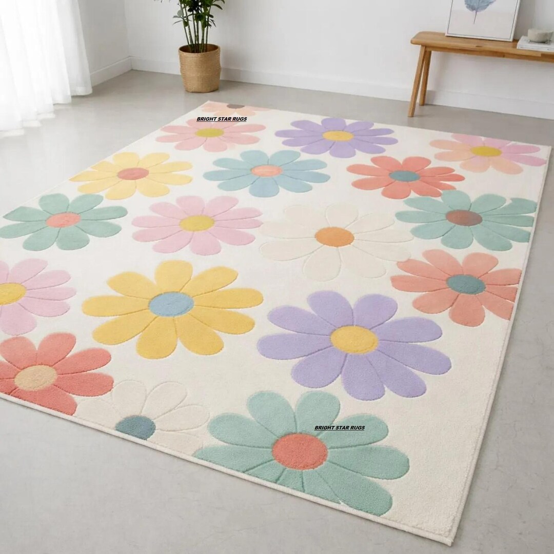 Small Daisy Rug Pastel Daisy Flower Rug - Hand Tufted Wool 3D Sculpted Nursery Decor ...