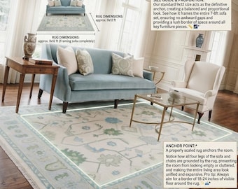 Large Traditional Area Rug - Floral Oushak Pattern in Pastel Blue, Sage Green & Cream - Premium Hand-Knotted Wool Carpet for Living Room.