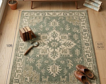 Hand-knotted  Wool Area Rug - Traditional Medallion Motif with  Texture - Sage green Neutral Decor - Large 9x12, 10x14 Premium Carpet