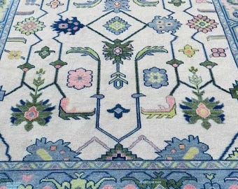 Pastel Floral Oushak Style Hand-Knotted Area Rug - Soft Blue, Pink & Lime Geometric Medallion Design