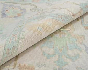 Oushak Style Hand-Knotted Wool Rug - Pastel Mint & Cream Floral Traditional Area Rug