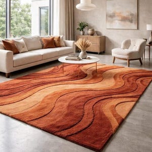 Mid Century Modern 3D Sculpted Area Rug - Retro Wavy Pattern - High-Low Pile Hand Tufted Wool Rug - Burnt Orange & Terracotta 70s Decor