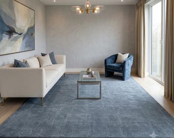 Blue Gray Hand Knotted Wool Silk Rug, Modern Area Rug, Minimalist Living Room Bedroom