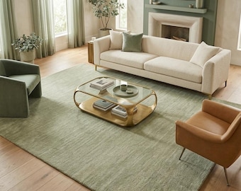Sage Green Wool Rug, Hand Knotted Minimalist Area Rug, Handmade Custom Size Home Decor