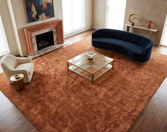 Brown Wool Hand Knotted Rug, Minimalist Textured Floor Covering for Living Room Bedroom Decor