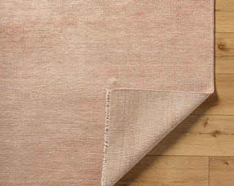 Hand Knotted Wool Rug | Minimalist Salmon Pink Area Rug | Textured Solid Neutral Carpet