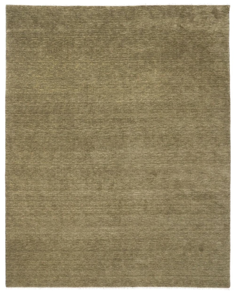 May include: A rectangular area rug featuring a solid, muted olive green color with a subtle, horizontal, linear texture throughout the surface. The rug has a consistent, dense pile appearance with slight variations in tone across the fabric.