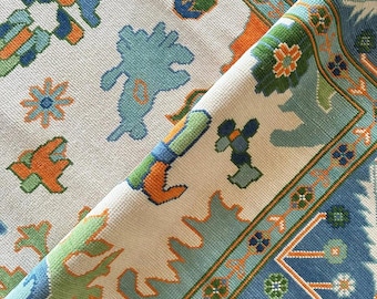 Blue Floral Area Rug, Hand Knotted Wool Carpet, Handmade Vintage Home Decor
