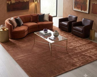Brown Hand Knotted Wool Silk Rug, Modern Minimalist Area Rug, Neutral Living Room Bedroom Carpet
