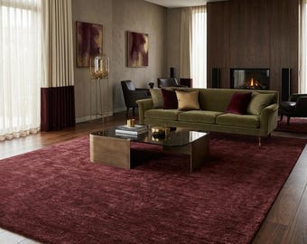Solid Burgundy Wool Hand Knotted Area Rug For Living Room Minimalist Dark Red Carpet
