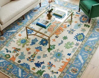 Blue Floral Area Rug, Hand Knotted Wool Carpet, Handmade Vintage Home Decor