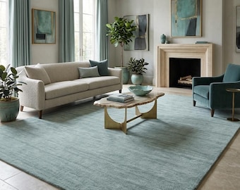 Blue Gray Wool Rug, Hand Knotted Area Rug, Minimalist Handmade Rug, Modern Custom Size Home Decor