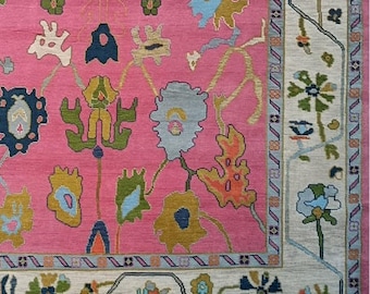 Pink Floral Wool Rug Hand Knotted Colorful Traditional Area Rug Handmade Persian Style Home Decor