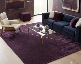 Purple Silk Wool Rug, Hand Knotted Area Rug, Handmade Luxury Bedroom Living Room Decor