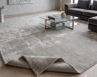 Gray Hand Knotted Silk Wool Rug, Modern Luxury Area Rug, Neutral Living Room Bedroom Carpet