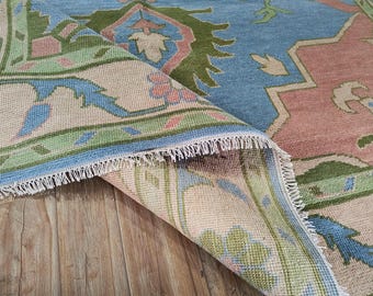 Blue Floral Wool Hand Knotted Rug, Traditional Botanical Area Rug, Pastel Pink Green Decor
