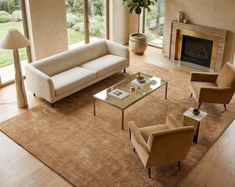 Camel Wool Hand Knotted Rug, Neutral Area Rug, Minimalist Handmade Carpet for Living Room