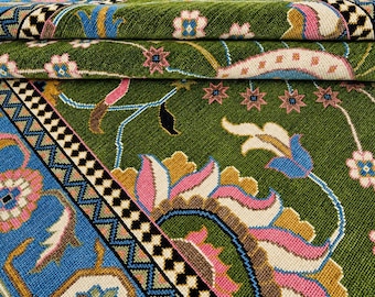 Green Floral Wool Hand Knotted Rug, Traditional Botanical Area Rug, Blue Border Boho Decor