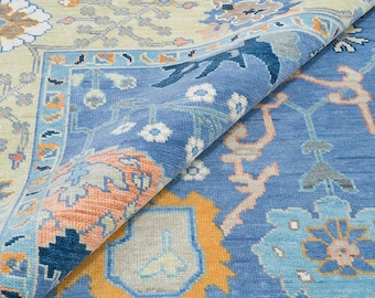 Blue Floral Wool Rug Hand Knotted Persian Style Traditional Area Rug Handmade Living Room Rug