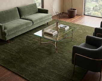 Olive Green Wool Hand Knotted Rug, Textured Floor Covering for Living Room Bedroom Decor