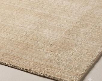 Hand Knotted Ivory Wool Rug, Handmade Solid Cream Area Rug, Modern Minimalist Wool Carpet, Custom Size Luxury Living Room Rug