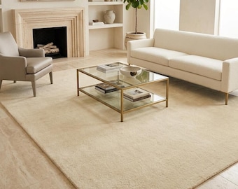 Cream Area Rug, Hand Knotted Wool Rug,Handmade Minimalist Carpet for Living Room Bedroom