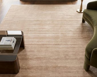 Beige Wool Hand Knotted Rug, Minimalist Neutral Area Rug, Modern Living Room Carpet