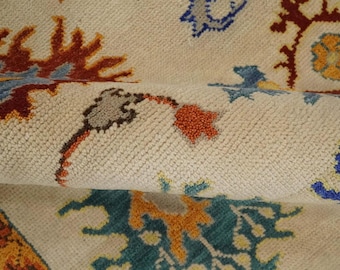 Cream Floral Wool Rug Hand Knotted Traditional Area Rug Blue Border Handmade Persian Style