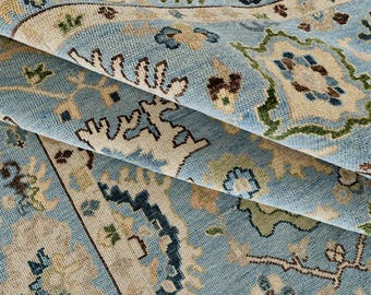 Blue Floral Wool Hand Knotted Rug, Traditional Area Rug, Boho Living Room Decor Accent