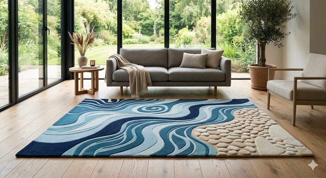 Blue Abstract Hand Tufted Rug, Ocean Wave Wool Area Rug, Modern Coastal ...