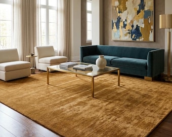 Camel Brown Hand Knotted Wool Rug Handmade Neutral Area Carpet for Living Room Bedroom