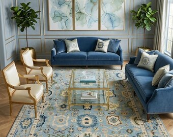 Blue Floral Wool Hand Knotted Rug, Traditional Area Rug, Boho Living Room Decor Accent