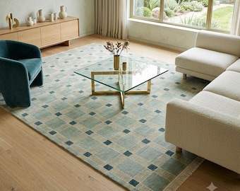 Sage Green Geometric Area Carpet, Hand Knotted Wool Rug, Handmade Neutral Modern Home Decor