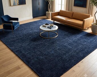 Navy Blue Area Rug,Hand Knotted Silk Wool Rug Modern Neutral Living Room Carpet