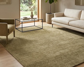 Olive Taupe Wool Hand Knotted Rug, Neutral Handmade Area Rug, Custom Size
