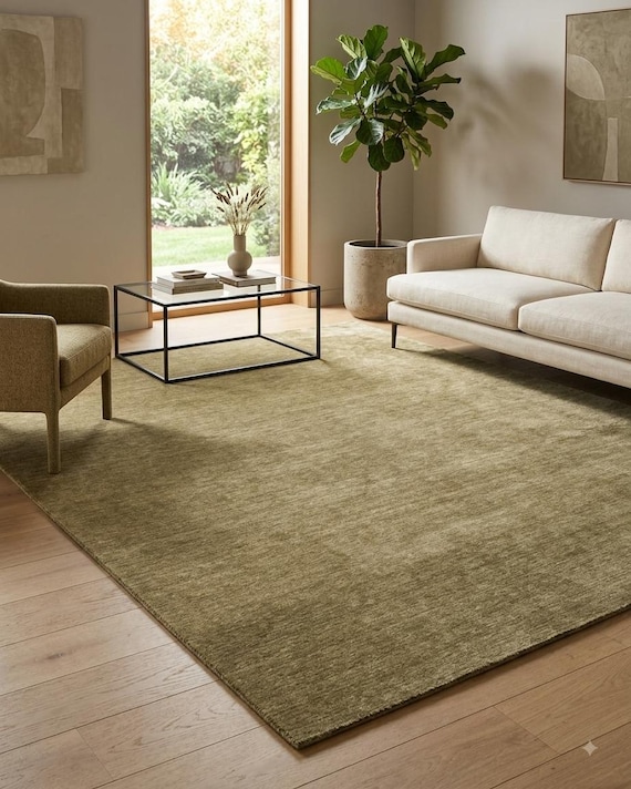 Olive Taupe Wool Hand Knotted Rug, Neutral Handmade Area Rug, Custom Size