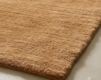 Solid Camel Brown Area 9x12 Rug, Luxury Hand Woven Wool Carpet, Wabi Sabi Room Decor, Custom Large Plain Rug, Vintage Style Rug