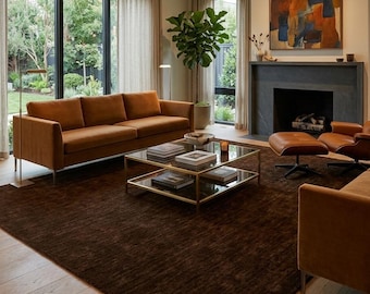 Dark Brown Hand Knotted Wool Rug, Solid Minimalist Area Carpet, Handmade Modern Home Decor
